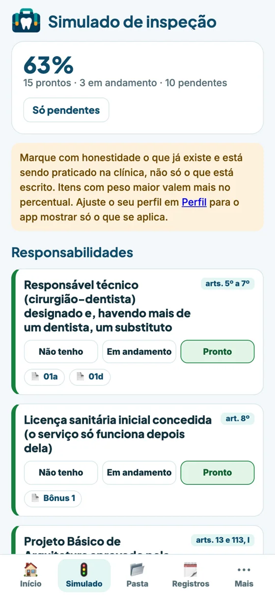 App Pasta Viva: simulado de inspeção com semáforo